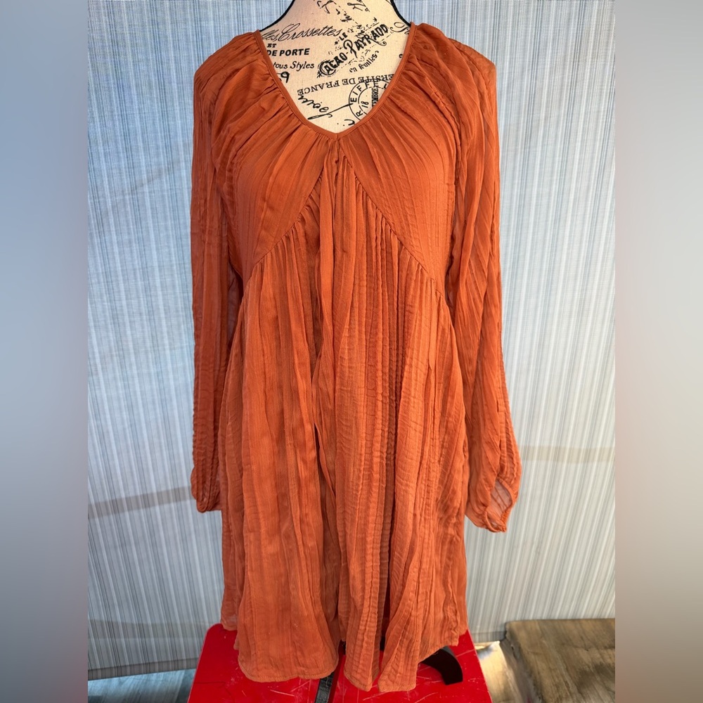 Women's Rust Orange Pleated Long-Sleeve Dress